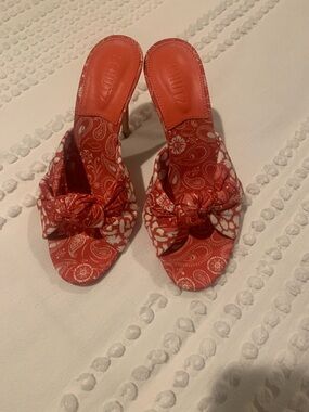 SCHUTZ Red Paisley Knot Slide Heels NWT